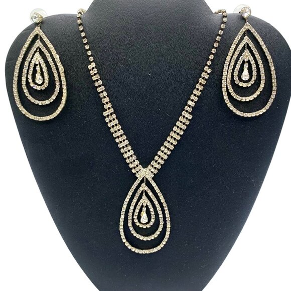 Rhinestone Bling Ripple Necklace Stud Dangle Earrings Set Oval Pendant Statement - Picture 1 of 10